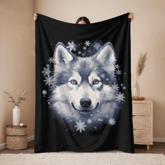 Husky dog and snowflakes Throw Blankets