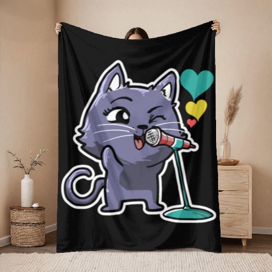 Cute Kawaii Cat Singing Song Singer Cat Lover Throw Blankets