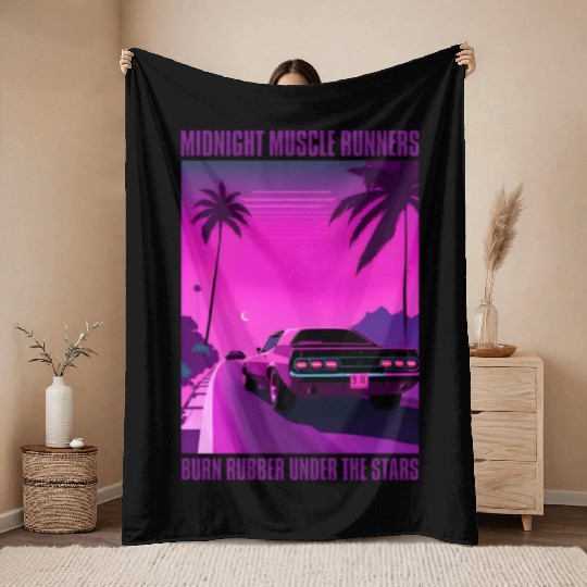 Vintage 80s Graphic Retrowave Muscle Car Racing Throw Blankets