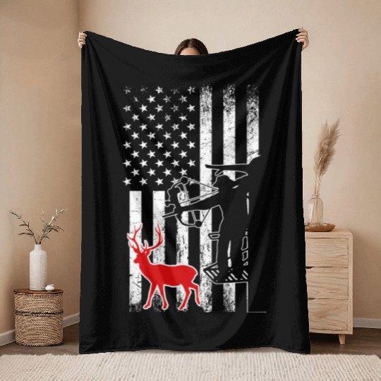Bow Hunting Deer Hunting American Flag Throw Blankets