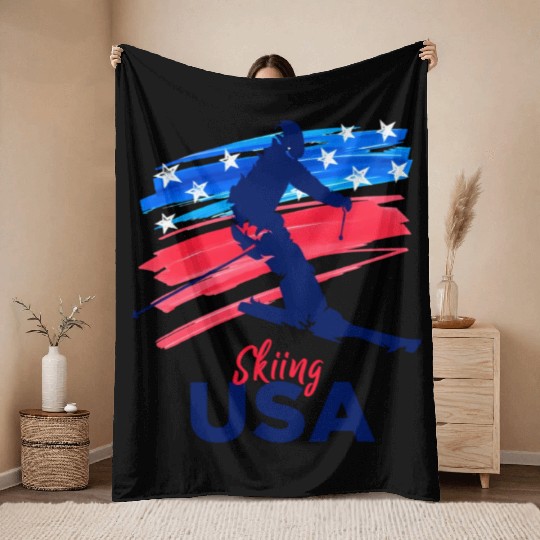 Skiing Usa Support The Team Usa Flag Ski Winter Throw Blankets