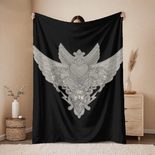 heart with wings, zeus and floral ornament Throw Blankets