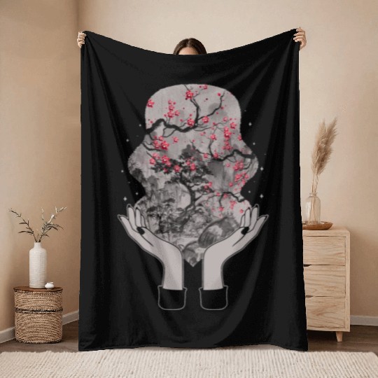 Cherry Blossom Throw Blankets, Sakura Woodblock Kawaii