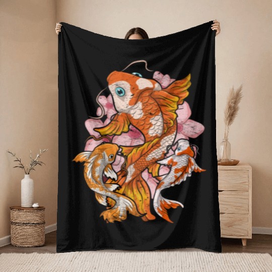 Cherry Blossom Nishikigoi Gift Sakura Koi Carp Throw Blankets