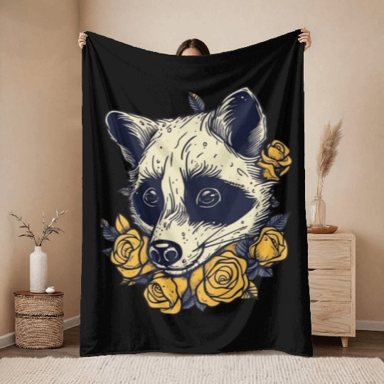 Yellow Flower Raccoon Throw Blankets