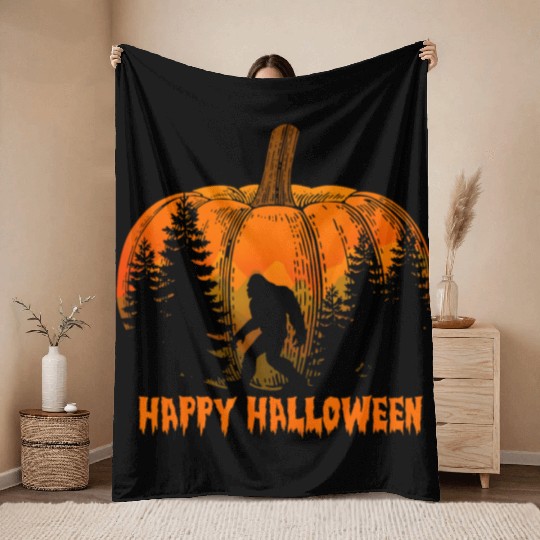 Funny Vintage Bigfoot Pumpkin Halloween Throw Blankets