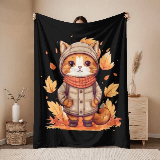 Autumn Cat Nature Leaves Season Throw Blankets