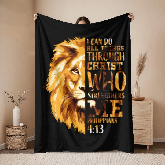 Philippians 413 Christian Bible Verse Lion Husband Throw Blankets