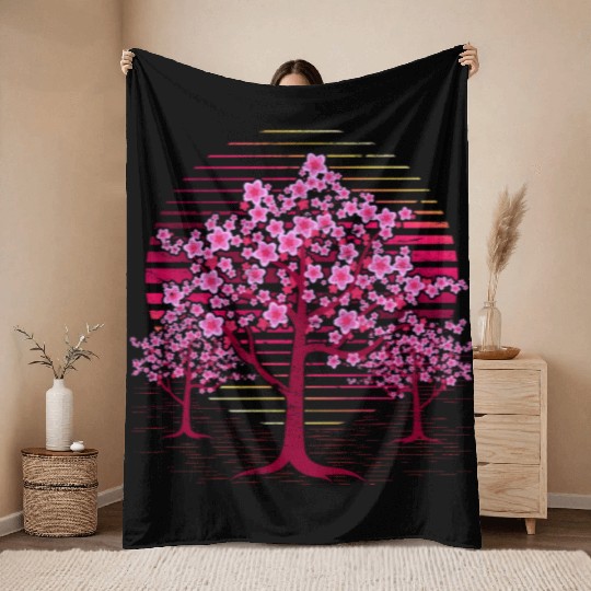 Japanese sakura tree gift retro cherry blossoms Throw Blankets