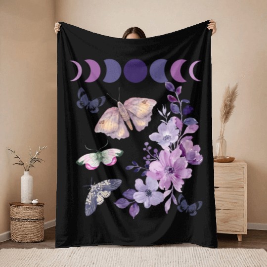 Violet Purple Moon Moth Flower Throw Blankets