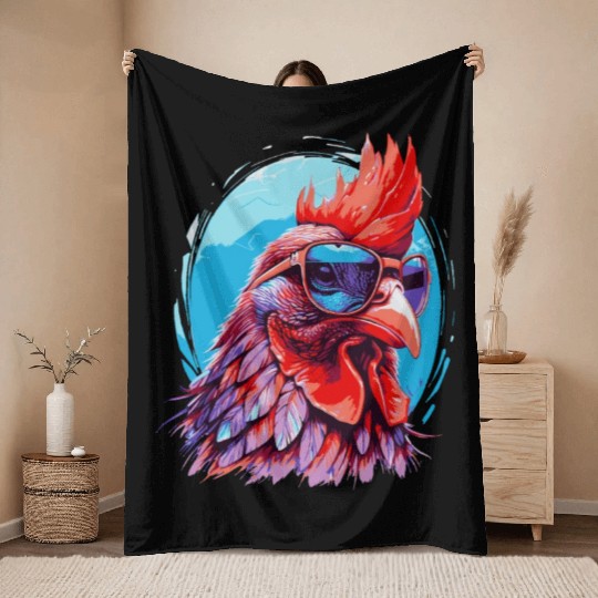 Funny chicken with sunglasses Throw Blankets