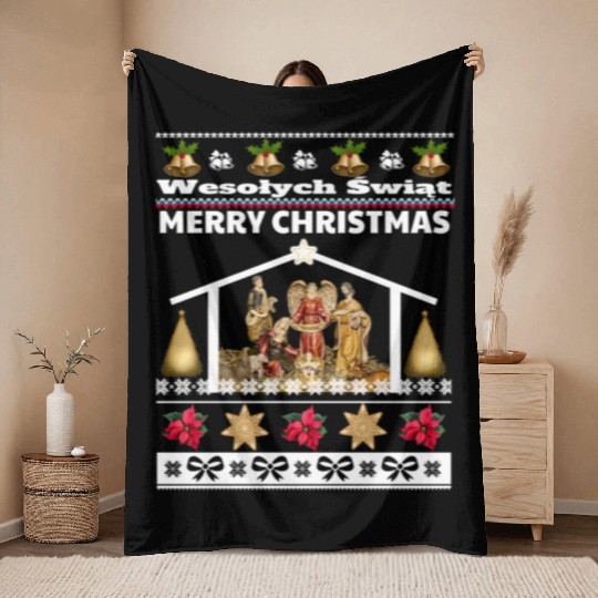 Polish Wesolych Swiat Nativity Scene Jesus Born Throw Blankets