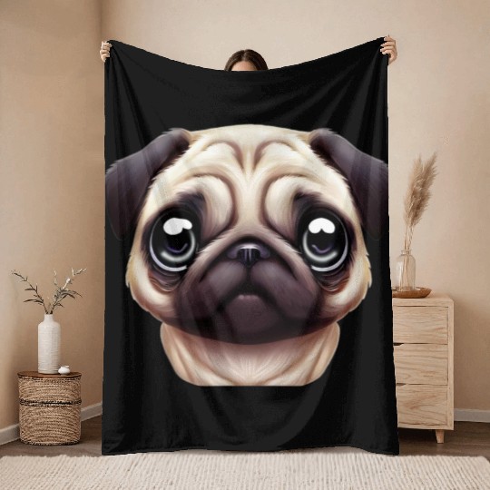 Unique Pug Portrait Throw Blankets
