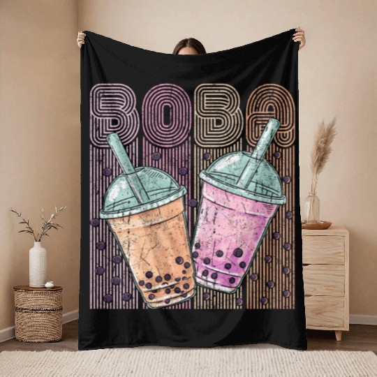 Boba Tea Design Bubbles Bubble Tea Retro Boba Throw Blankets