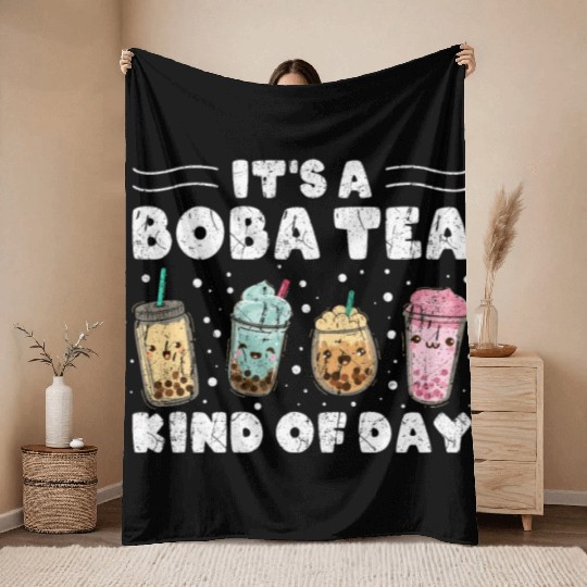 It´s A Boba Tea Kind Of Day Kawaii Bubble Tea Throw Blankets