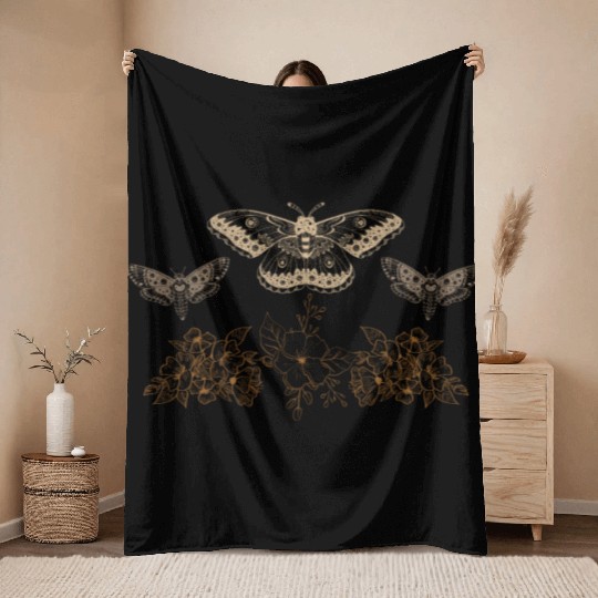 Fairy Throw Blankets, Fairycore Luna Moths Floral Grunge