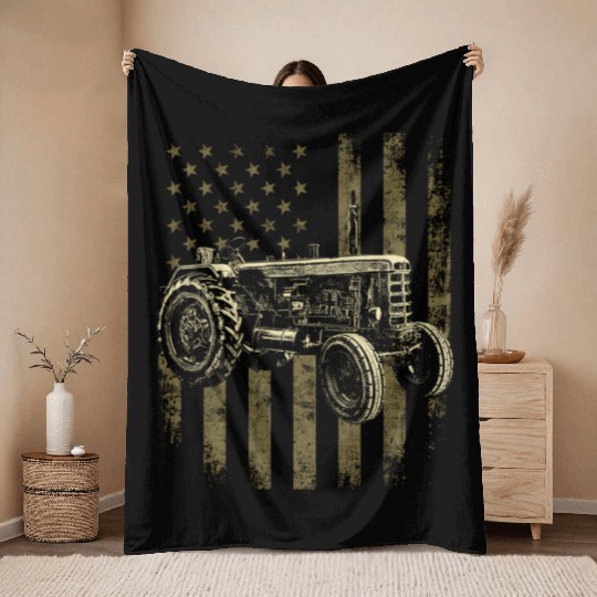 Patriotic Tractor American Flag Tractor Farmer Throw Blankets