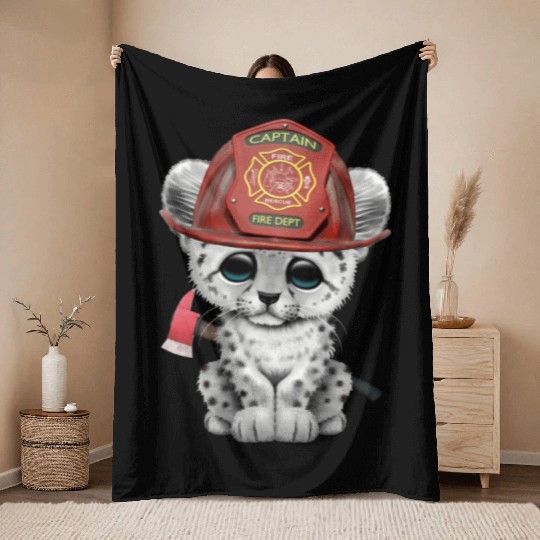 Cute Snow Leopard Cub Firefighter Throw Blankets