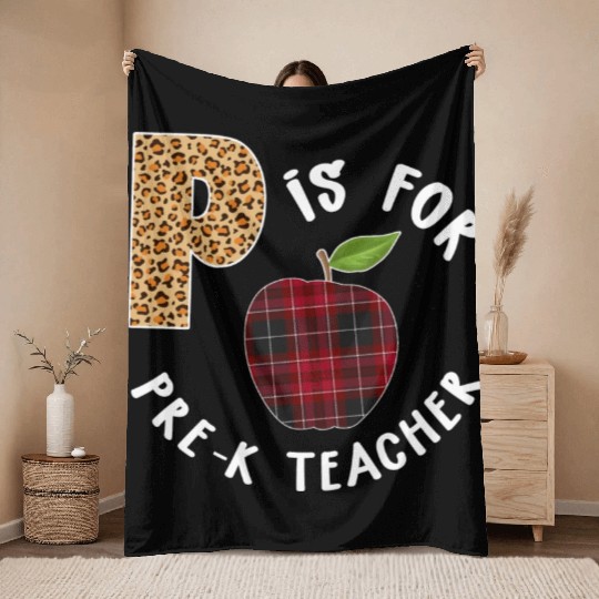 P Is For Pre K Teacher Leopard Buffalo Plaid T Throw Blankets