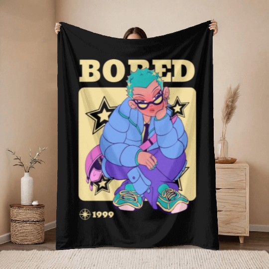 Black Cream Blue Y2K Anime Illustrated Bored Throw Blankets