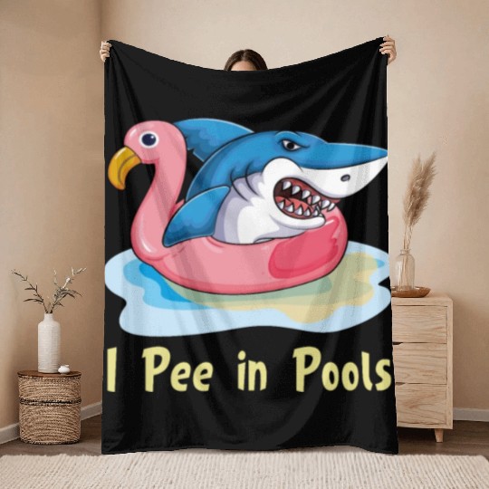 I pee in pools shark on flamingo float Throw Blankets