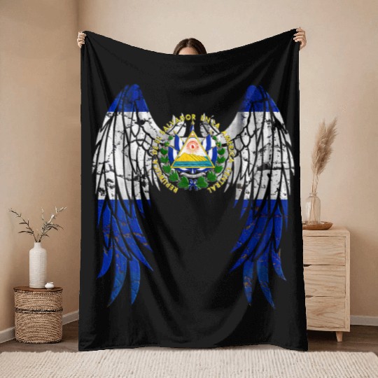 El Salvadorian Flag Angel Wings Jesus Christian El Throw Blankets