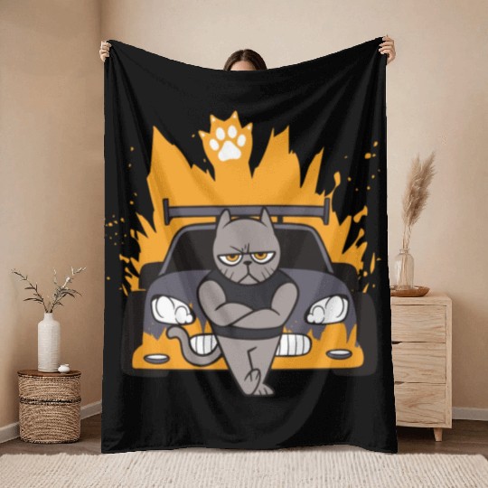 Muscle Cat On Car Throw Blankets