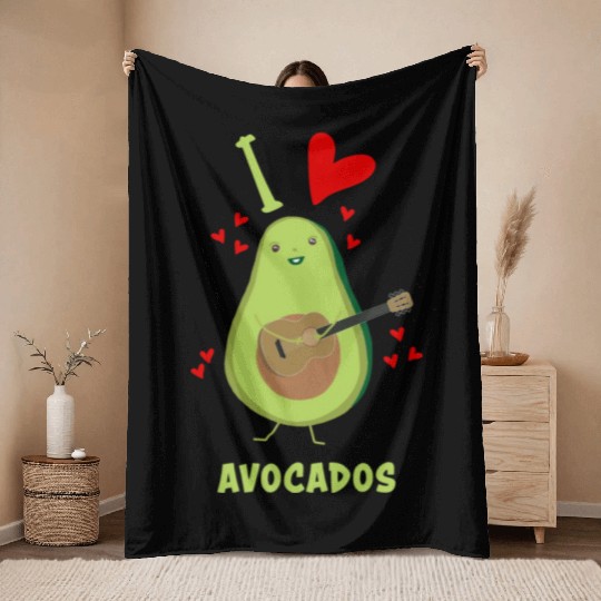 I Love Avocados With Hearts Avocado Playing Guitar Throw Blankets