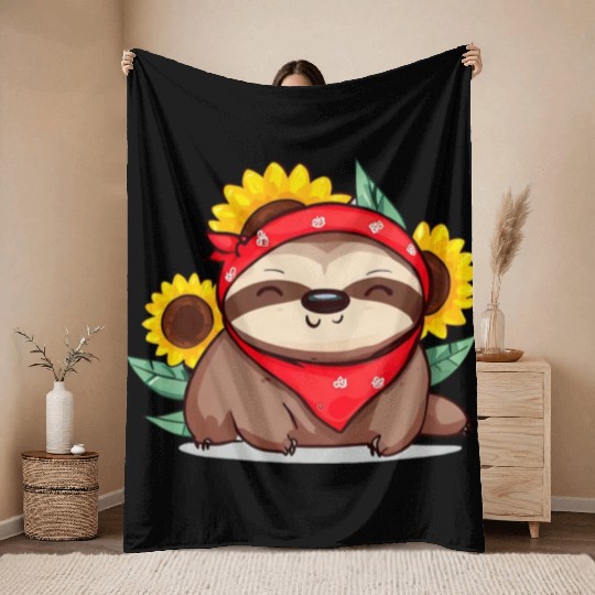 Sunflower sloth with bandana Throw Blankets