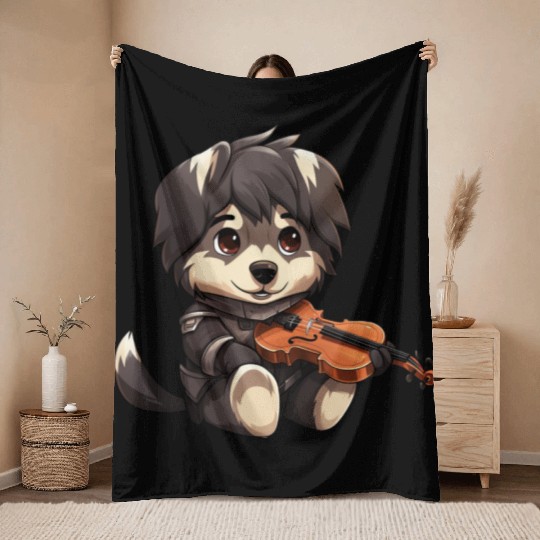 husky German Shepherd with Violin – Musical Dog De Throw Blankets