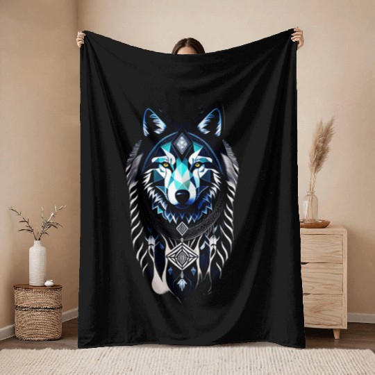 dream catcher geometric wolf Throw Blankets