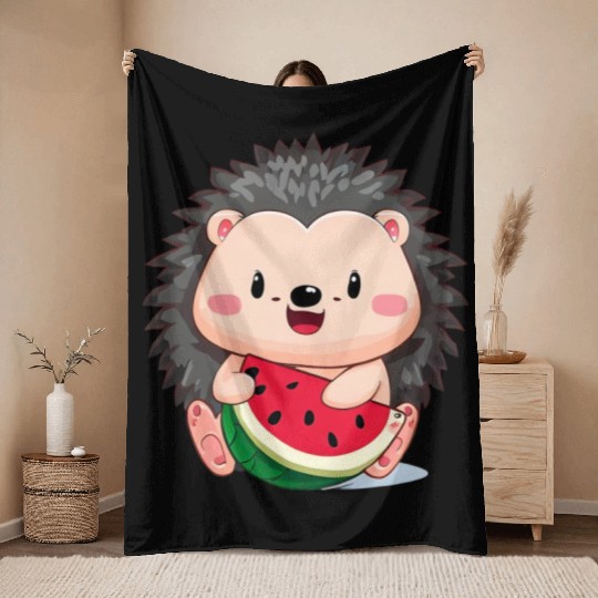 Happy hedgehog enjoys watermelon Throw Blankets
