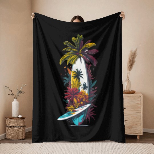 Surfing board tropical Throw Blankets