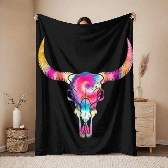 Cow Throw Blankets, Cow Skull Tie Dye Watercolor Throw Blankets, Cow