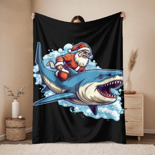 Santa Claus riding a shark Throw Blankets