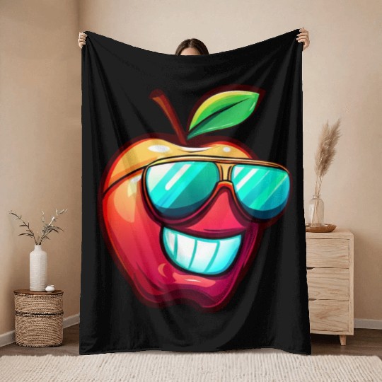 Cool Apple with Sunglasses - Cheerful Fruit Design Throw Blankets