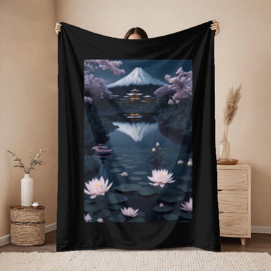 Asia Landscape by night Serene Mount Fuji Throw Blankets