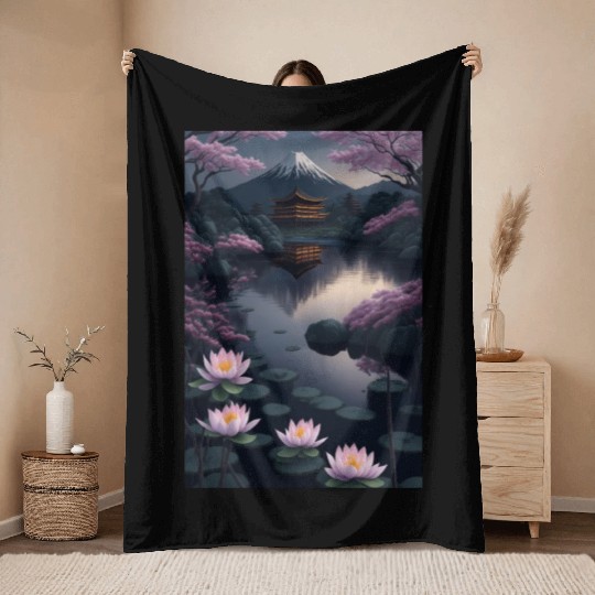Asia Landscape by night Serene Mount Fuji Throw Blankets
