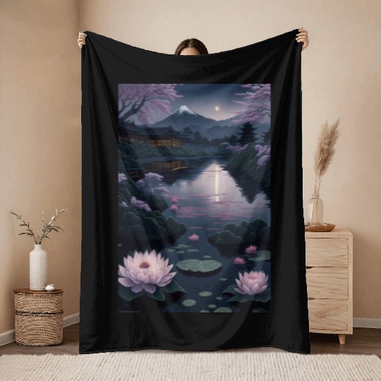 Asia Landscape by night Serene Mount Fuji Throw Blankets