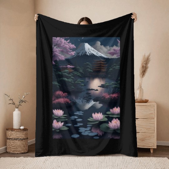 Asia Landscape by night Serene Mount Fuji Throw Blankets