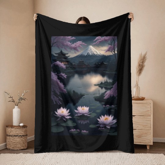 Asia Landscape by night Serene Mount Fuji Throw Blankets