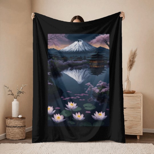 Asia Landscape by night Serene Mount Fuji Throw Blankets