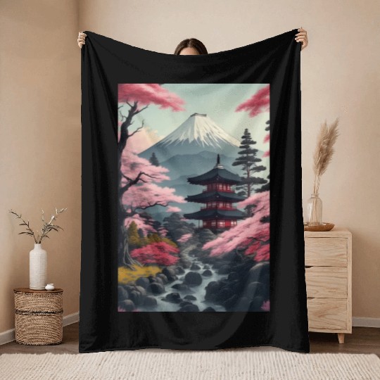 Asia Landscape Serene Mount Fuji Throw Blankets
