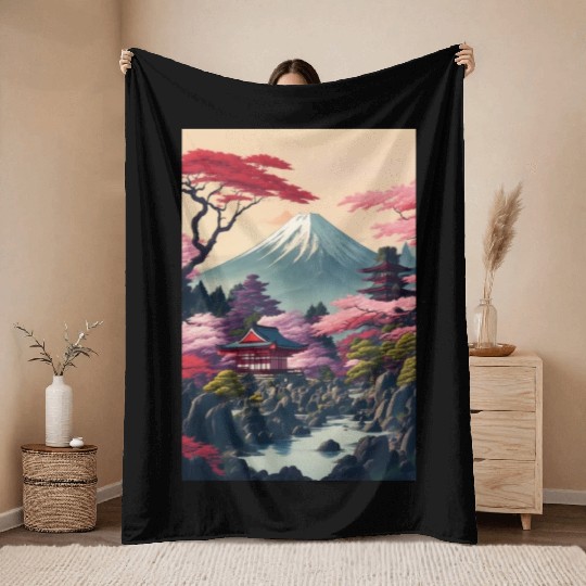 Asia Landscape Serene Mount Fuji Throw Blankets
