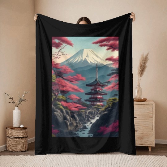 Asia Landscape Serene Mount Fuji Throw Blankets