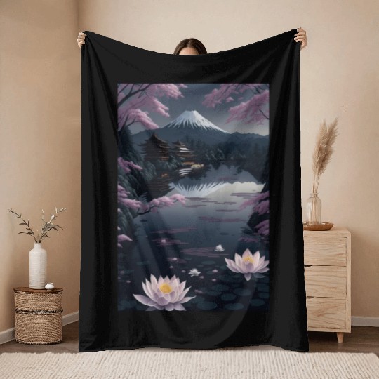 Asia Landscape by night Serene Mount Fuji Throw Blankets