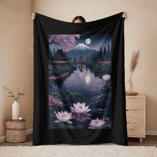 Asia Landscape by night Serene Mount Fuji Throw Blankets