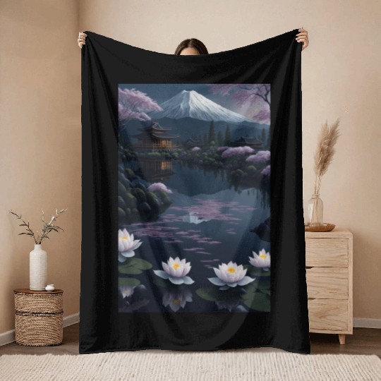 Asia Landscape by night Serene Mount Fuji Throw Blankets