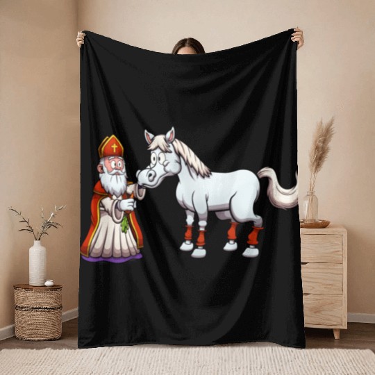 Saint Nicholas Feeding His Horse Throw Blankets