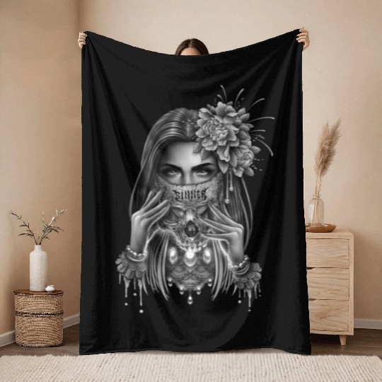 skull mask and peony flower Throw Blankets